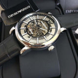 Buy Shop Emporio Armani Luigi Silver Skeleton Dial Black Leather Strap Watch For Men - AR1981 USA Online