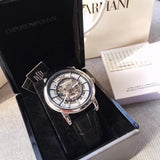 Buy Shop Emporio Armani Luigi Silver Skeleton Dial Black Leather Strap Watch For Men - AR1981 USA Online
