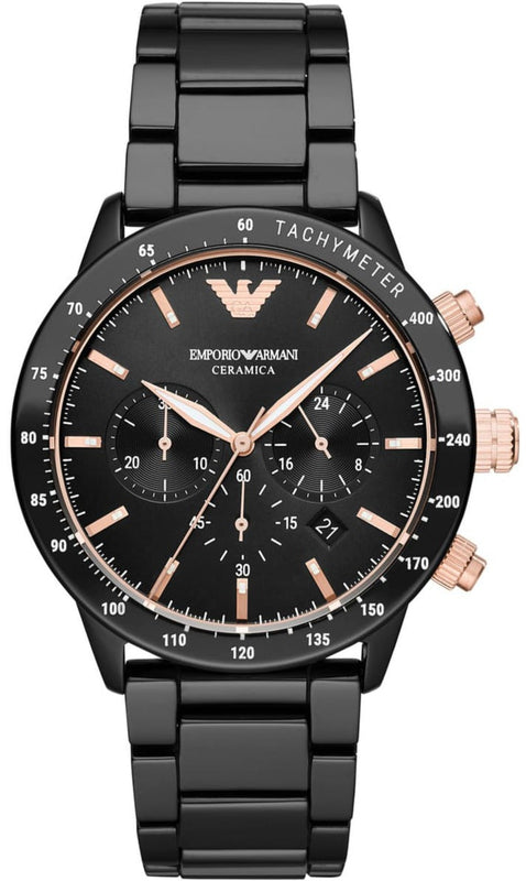 Buy Shop Emporio Armani Mario Ceramic Chronograph Black Dial Black Steel Strap Watch For Men - AR70002 USA Online