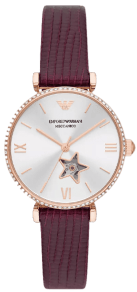 Buy Shop Emporio Armani Meccanico Automatic Silver Dial Burgundy Leather Strap Watch For Women - AR60044 USA Online