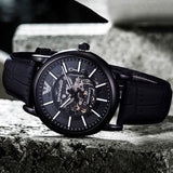 Buy Shop Emporio Armani Meccanico Automatic Skeleton Dial Black Leather Strap Watch For Men - AR60008 USA Online