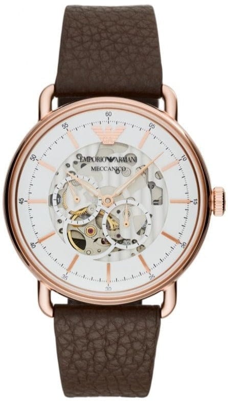 Buy Shop Emporio Armani Meccanico Automatic White Dial Brown Leather Strap Watch For Men - AR60027 USA Online