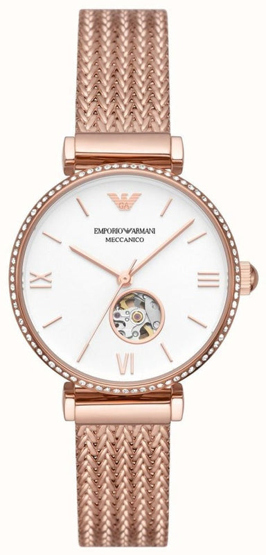 Buy Shop Emporio Armani Meccanico Automatic White Dial Rose Gold Mesh Strap Watch For Women - AR60063 USA Online