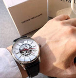 Buy Shop Emporio Armani Meccanico Silver Skeleton Dial Black Leather Strap Watch For Men - AR2072 USA Online