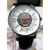 Buy Shop Emporio Armani Meccanico Silver Skeleton Dial Black Leather Strap Watch For Men - AR2072 USA Online