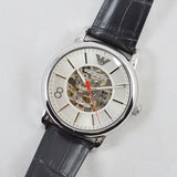 Buy Shop Emporio Armani Meccanico Silver Skeleton Dial Black Leather Strap Watch For Men - AR2072 USA Online