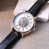 Buy Shop Emporio Armani Meccanico Silver Skeleton Dial Black Leather Watch For Men - AR1997 USA Online