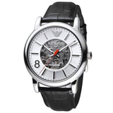 Buy Shop Emporio Armani Meccanico Silver Skeleton Dial Black Leather Watch For Men - AR1997 USA Online