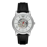 Buy Shop Emporio Armani Meccanico Silver Skeleton Dial Black Leather Watch For Men - AR1997 USA Online