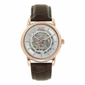 Buy Shop Emporio Armani Meccanico Silver Skeleton Dial Brown Leather Strap Watch For Men - AR1983 USA Online