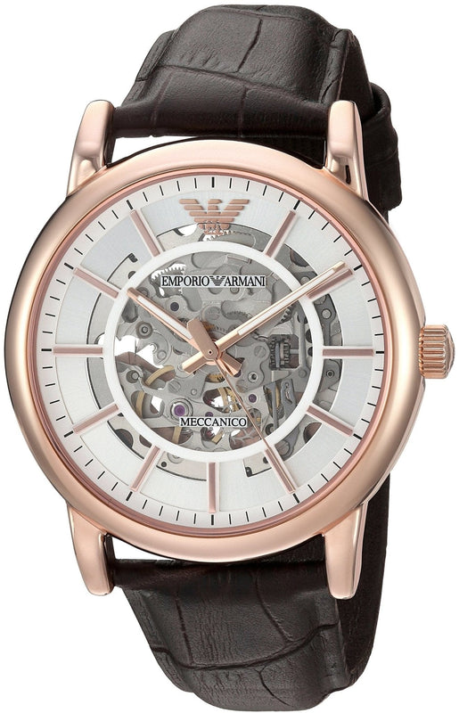 Buy Shop Emporio Armani Meccanico Silver Skeleton Dial Brown Leather Strap Watch For Men - AR1983 USA Online