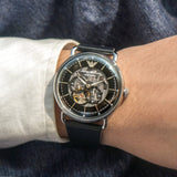 Buy Shop Emporio Armani Meccanico Skeleton Black Dial Black Leather Strap Watch For Men - AR60026 USA Online