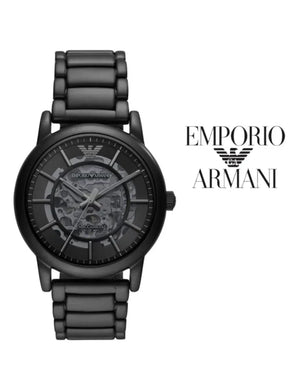Buy Shop Emporio Armani Meccanico Skeleton Black Dial Black Steel Strap Watch For Men - AR60045 USA Online