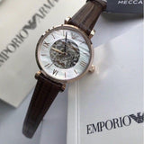 Buy Shop Emporio Armani Meccanico Skeleton Mother of Pearl Dial Brown Leather Strap Watch For Women - AR1993 USA Online
