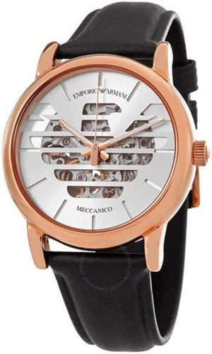 Buy Shop Emporio Armani Meccanico Skeleton Silver Dial Black Leather Strap Watch For Men - AR60031 USA Online