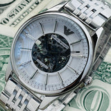Buy Shop Emporio Armani Meccanico Skeleton Silver Dial Silver Steel Strap Watch For Men - AR1945 USA Online