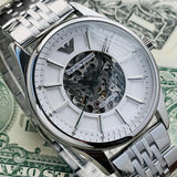 Buy Shop Emporio Armani Meccanico Skeleton Silver Dial Silver Steel Strap Watch For Men - AR1945 USA Online