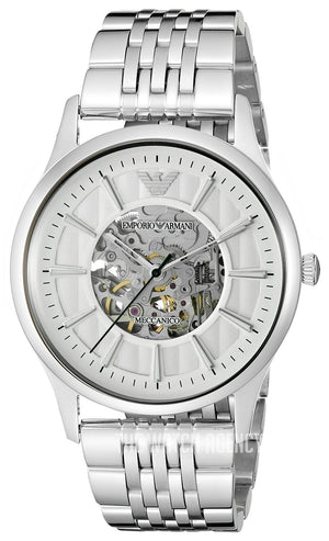Buy Shop Emporio Armani Meccanico Skeleton Silver Dial Silver Steel Strap Watch For Men - AR1945 USA Online