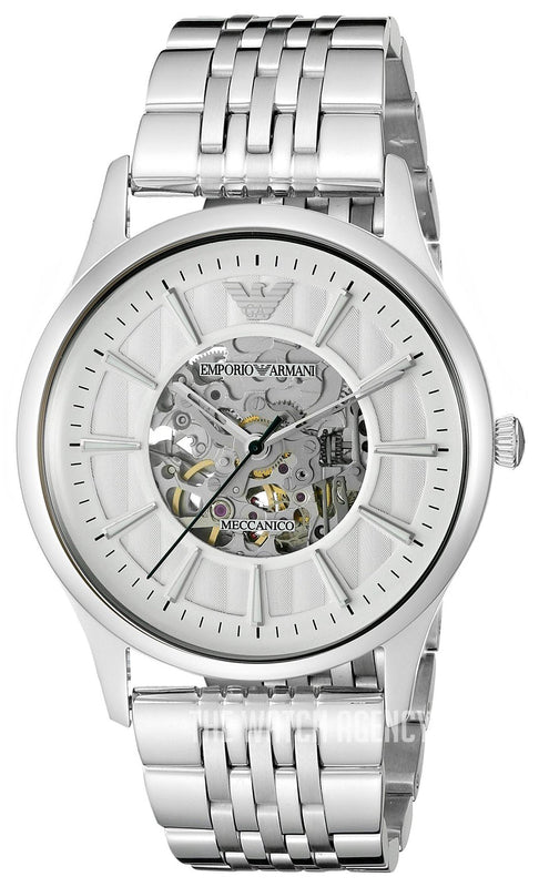 Buy Shop Emporio Armani Meccanico Skeleton Silver Dial Silver Steel Strap Watch For Men - AR1945 USA Online