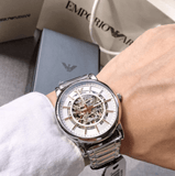 Buy Shop Emporio Armani Meccanico Skeleton Silver Dial Silver Steel Strap Watch For Men - AR1980 USA Online