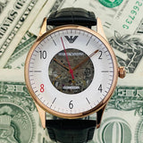 Buy Shop Emporio Armani Meccanico White Skeleton Dial Black Leather Strap Watch For Men - AR1924 USA Online