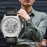 Buy Shop Emporio Armani Meccanico White Skeleton Dial Black Leather Strap Watch For Men - AR60003 USA Online