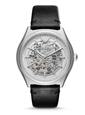 Buy Shop Emporio Armani Meccanico White Skeleton Dial Black Leather Strap Watch For Men - AR60003 USA Online