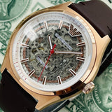 Buy Shop Emporio Armani Meccanico White Skeleton Dial Brown Leather Strap Watch For Men - AR60005 USA Online