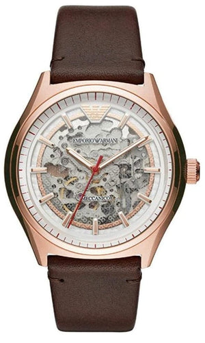 Buy Shop Emporio Armani Meccanico White Skeleton Dial Brown Leather Strap Watch For Men - AR60005 USA Online