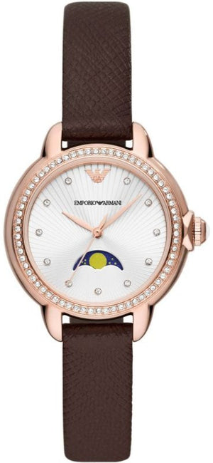 Buy Shop Emporio Armani Mia Moonphase Silver Dial Brown Leather Strap Watch For Women - AR11568 USA Online