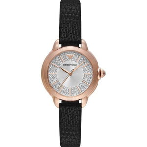 Buy Shop Emporio Armani Mia Three Hand Crystals Silver Dial Black Leather Strap Watch For Women - AR11631 USA Online