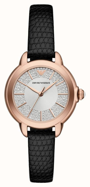 Buy Shop Emporio Armani Mia Three Hand Crystals Silver Dial Black Leather Strap Watch For Women - AR11631 USA Online