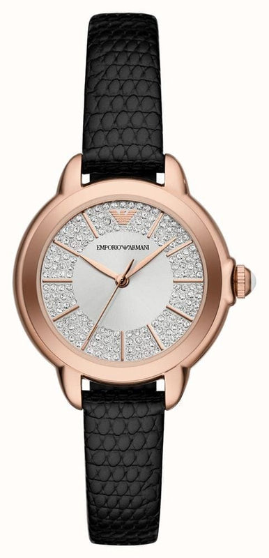 Buy Shop Emporio Armani Mia Three Hand Crystals Silver Dial Black Leather Strap Watch For Women - AR11631 USA Online