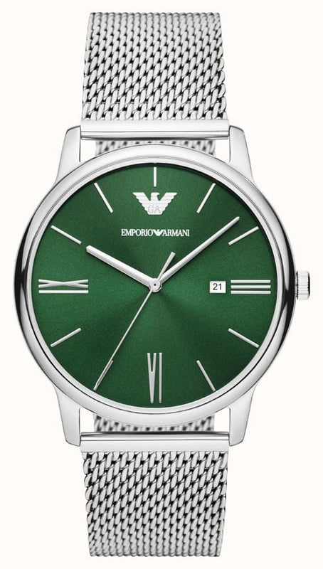 Buy Shop Emporio Armani Minimalist Quartz Green Dial Silver Mesh Bracelet Watch For Men - AR11578 USA Online