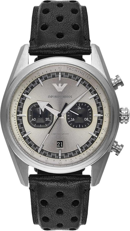 Buy Shop Emporio Armani Racer Chronograph Silver Dial Black Leather Strap Watch for Men - AR11677 USA Online