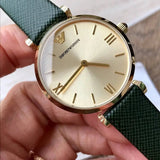 Buy Shop Emporio Armani Retro Champagne Beige Dial Green Leather Strap Watch For Women - AR1726 USA Online