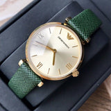 Buy Shop Emporio Armani Retro Champagne Beige Dial Green Leather Strap Watch For Women - AR1726 USA Online