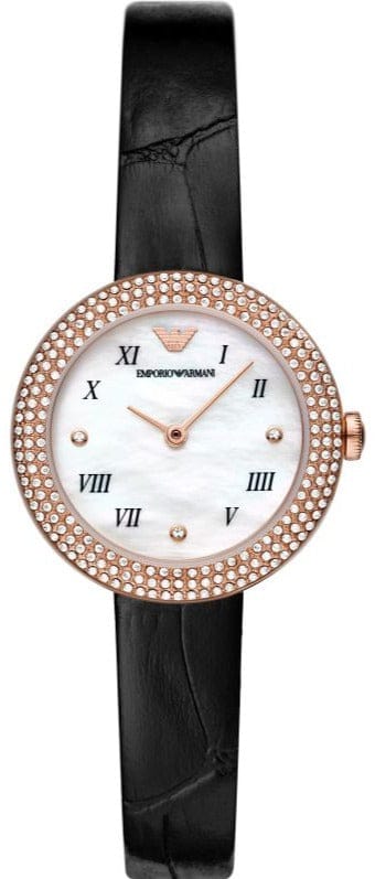 Buy Shop Emporio Armani Rosa Quartz Mother Of Pearl White Dial Black Leather Strap Watch For Women - AR11356 USA Online