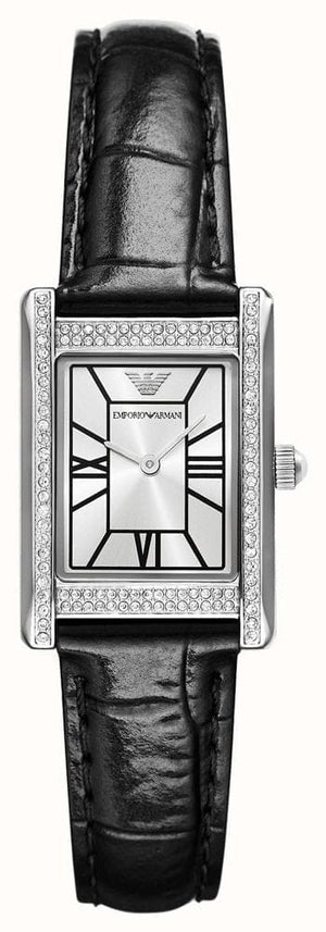 Buy Shop Emporio Armani Two Hand Crystals Silver Dial Black Leather Strap Watch for Women - AR11623 USA Online