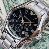 Buy Shop Emporio Armani Valente Chronograph Black Dial Silver Stainless Steel Watch For Men - AR0673 USA Online