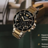 Buy Shop Emporio Armani World Explorer Solar Powered Chronograph Black Dial Two Tone Steel Strap Watch for Men - AR11680 USA Online