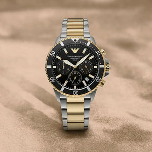 Buy Shop Emporio Armani World Explorer Solar Powered Chronograph Black Dial Two Tone Steel Strap Watch for Men - AR11680 USA Online