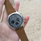 Buy Shop Emporio Armani Zeta Chronograph Gray Dial Brown Leather Strap Watch for Men - AR11080 USA Online