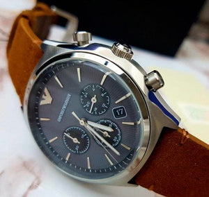 Buy Shop Emporio Armani Zeta Chronograph Gray Dial Brown Leather Strap Watch for Men - AR11080 USA Online