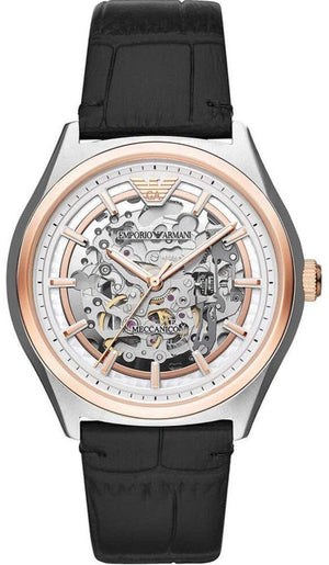 Buy Shop Emporio Armani Zeta Skeleton Automatic Silver Dial Black Leather Strap Watch For Men - AR60018 USA Online