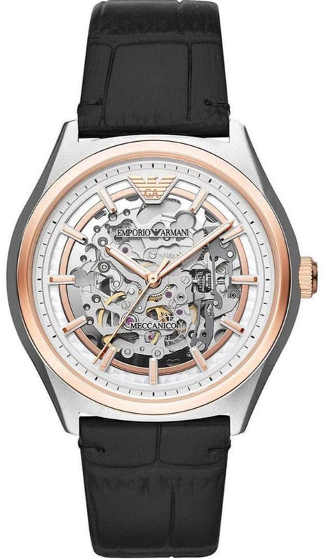 Buy Shop Emporio Armani Zeta Skeleton Automatic Silver Dial Black Leather Strap Watch For Men - AR60018 USA Online