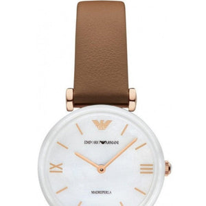 Buy Shop Emporio Armani Gianni T Bar Quartz Mother of Pearl White Dial Brown Leather Strap Watch For Women - AR11040 USA Online