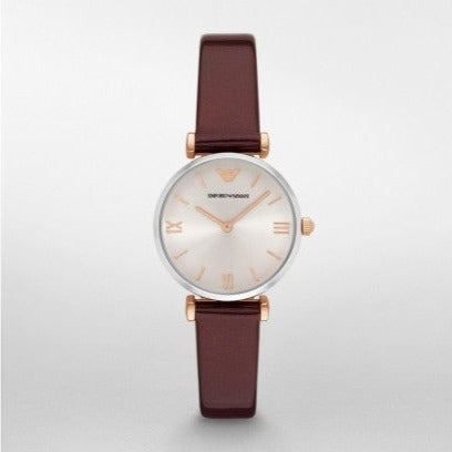 Buy Shop Emporio Armani Gianni T-Bar Quartz Silver Dial Brown Leather Strap Watch For Women - AR11061 USA Online