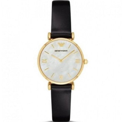Buy Shop Emporio Armani Gianni T-Bar Quartz Mother of Pearl Dial Black Leather Strap Watch For Women - AR1910 USA Online
