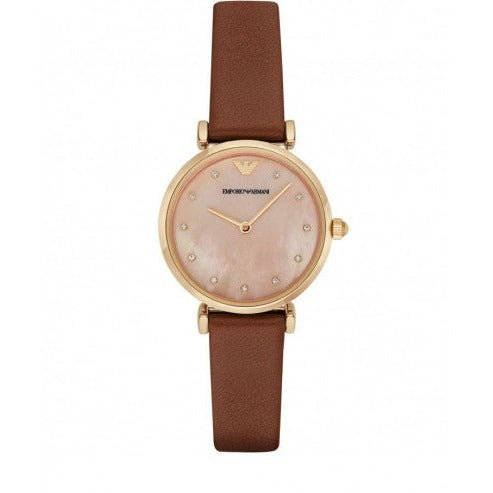 Buy Shop Emporio Armani Gianni T Bar Quartz Pink Mother of Pearl Dial Brown Leather Strap Watch For Women - AR1960 USA Online